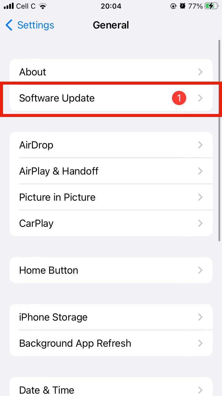 Fixing bug issues could be the answer to your AirDrop waiting issues. When you’re ready, open General settings and select Software Update.