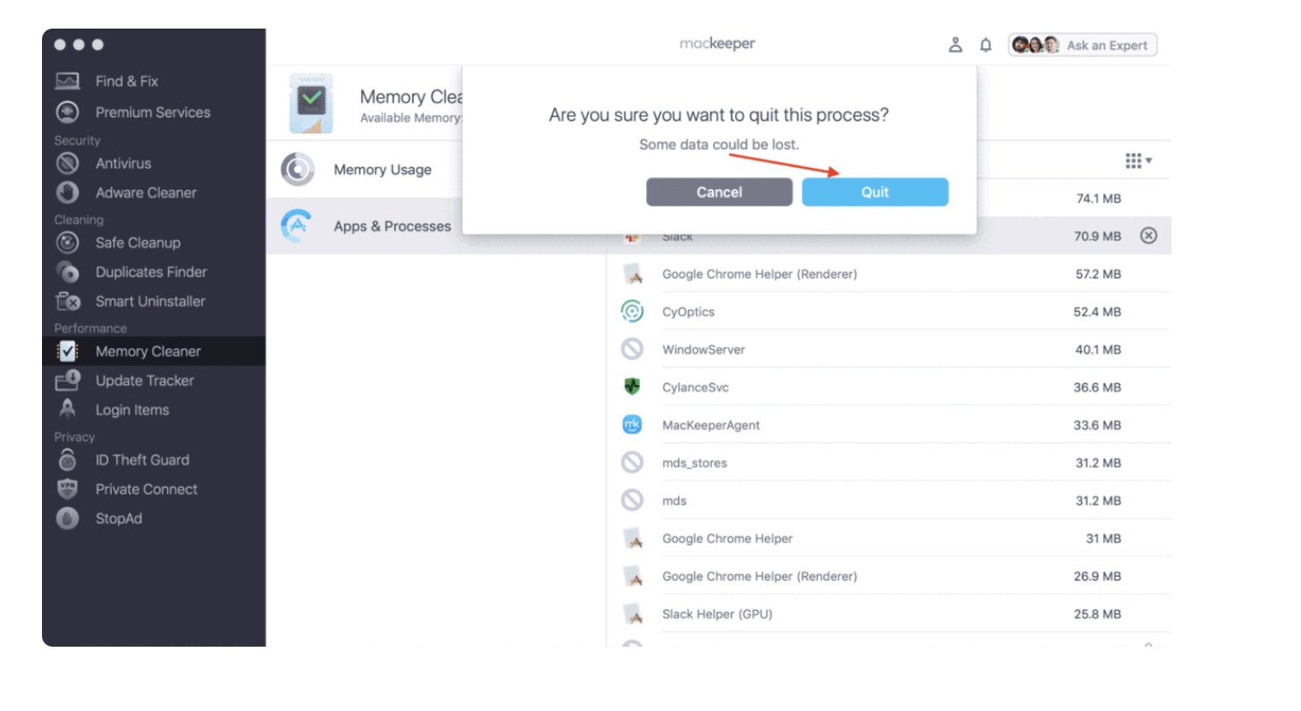 On the next window, a list of processes will appear. Select the x button on the side. Once you've done that, you can then press Quit.