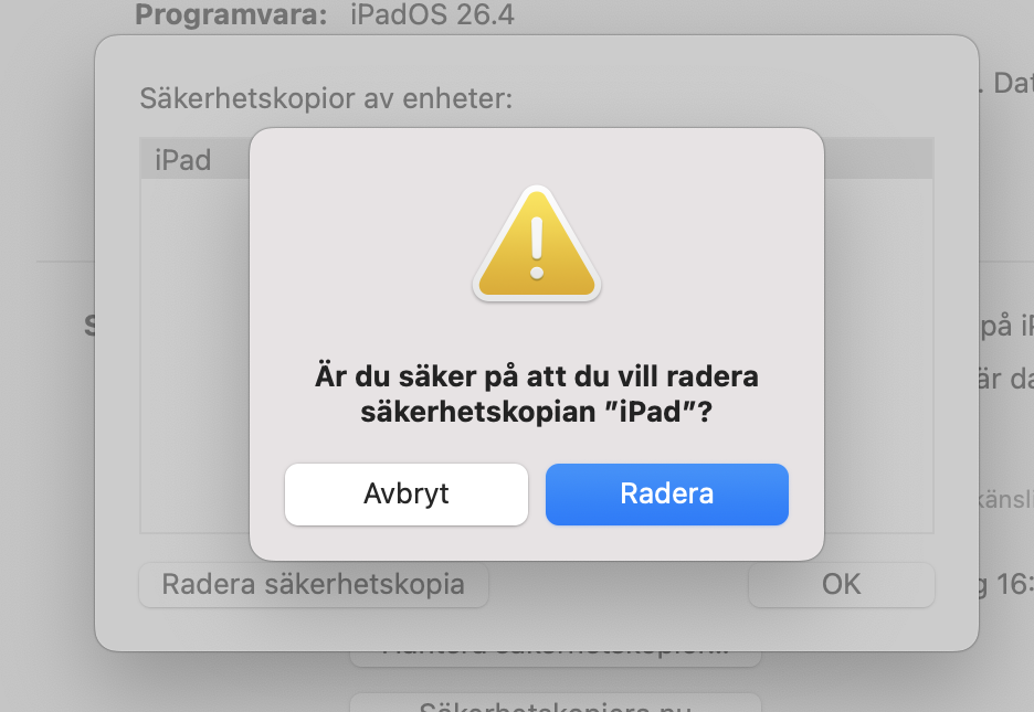I popup-fönstret, välj den önskade iOS-säkerhetskopian och klicka på knappen Radera säkerhetskopia