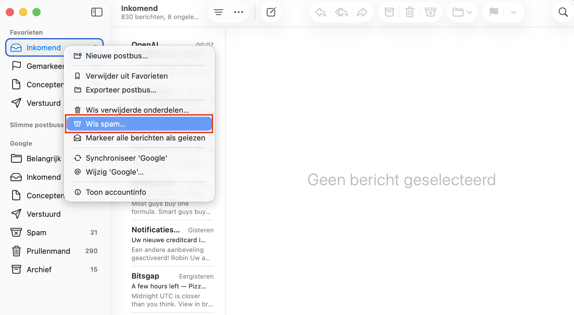 Een deel van de Apple Mail app met het contextmenu van een postbus geopend. ‘Wis ongewenste reclame’ is gemarkeerd. Dit maakt deel uit van een handleiding over hoe je de Mail cache verwijdert.