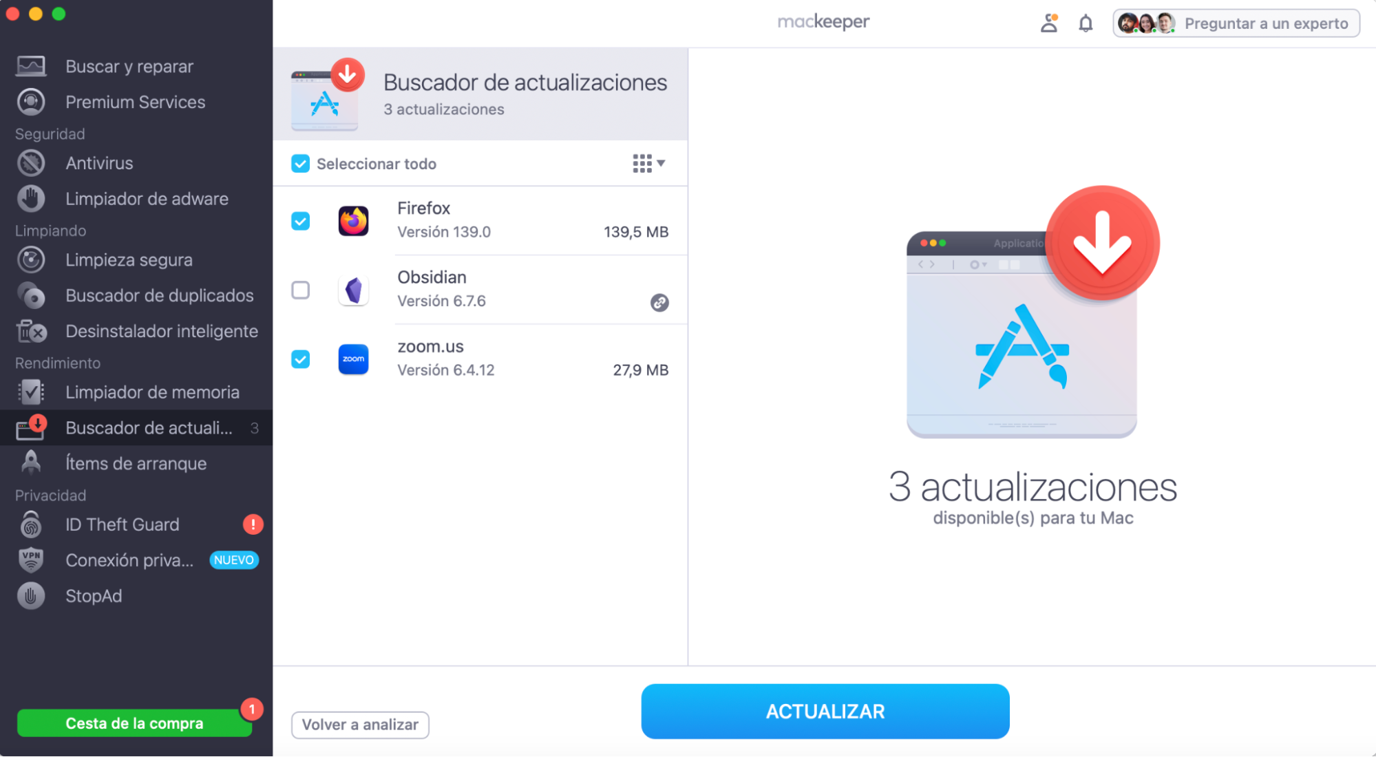 Cuando finalice el análisis, el Buscador de actualizaciones de MacKeeper te mostrará la lista de actualizaciones disponibles. Selecciona qué deseas actualizar y haz clic en Actualizar.