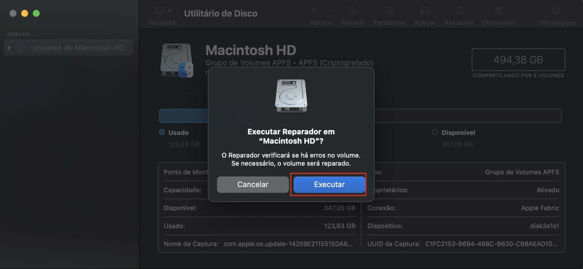 A mensagem pop-up pergunta ao usuário se deseja executar o Reparar neste Mac. Clique em Executar.