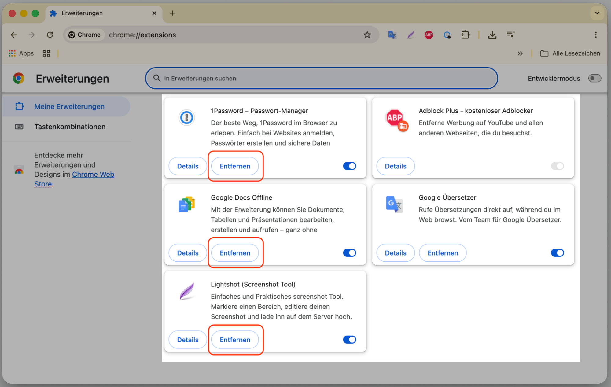 Fenster für Erweiterungen in Chrome mit hervorgehobener Option Entfernen unter einer Erweiterung. So entfernen Sie Erweiterungen, als Teil einer Anleitung, wie man gefälschte McAfee-Pop-ups auf dem Mac blockieren kann.