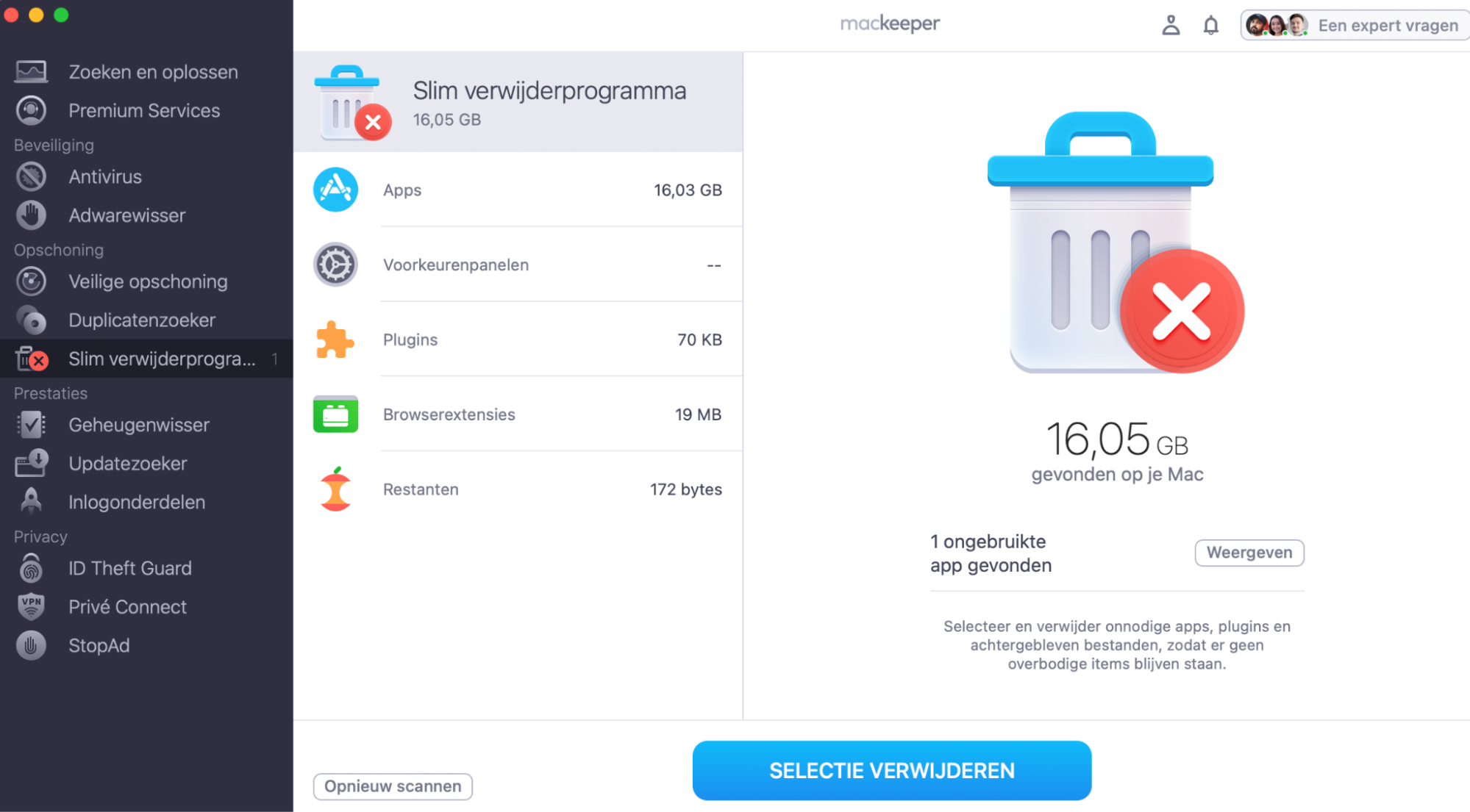 Laat de tool je Apple-apparaat enkele seconden automatisch scannen. Na de scan wordt een lijst weergegeven met apps, widgets, plug-ins en restbestanden die je kunt bekijken. Vink aan wat je wilt dat MacKeeper uit je ‘Overige’ opslag verwijdert.