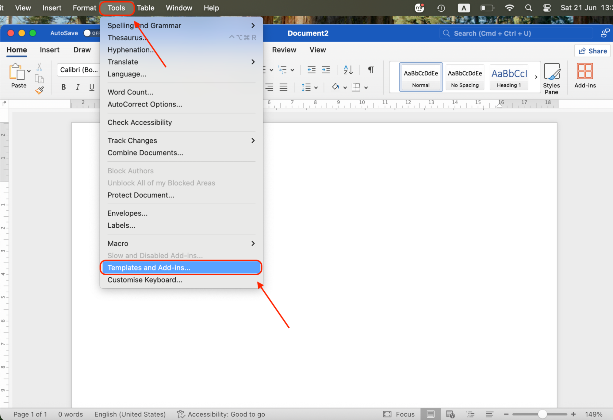 In the top menu bar of Microsoft Word, click Tools and then select Templates and Add-ins to view and manage installed add-ins.
