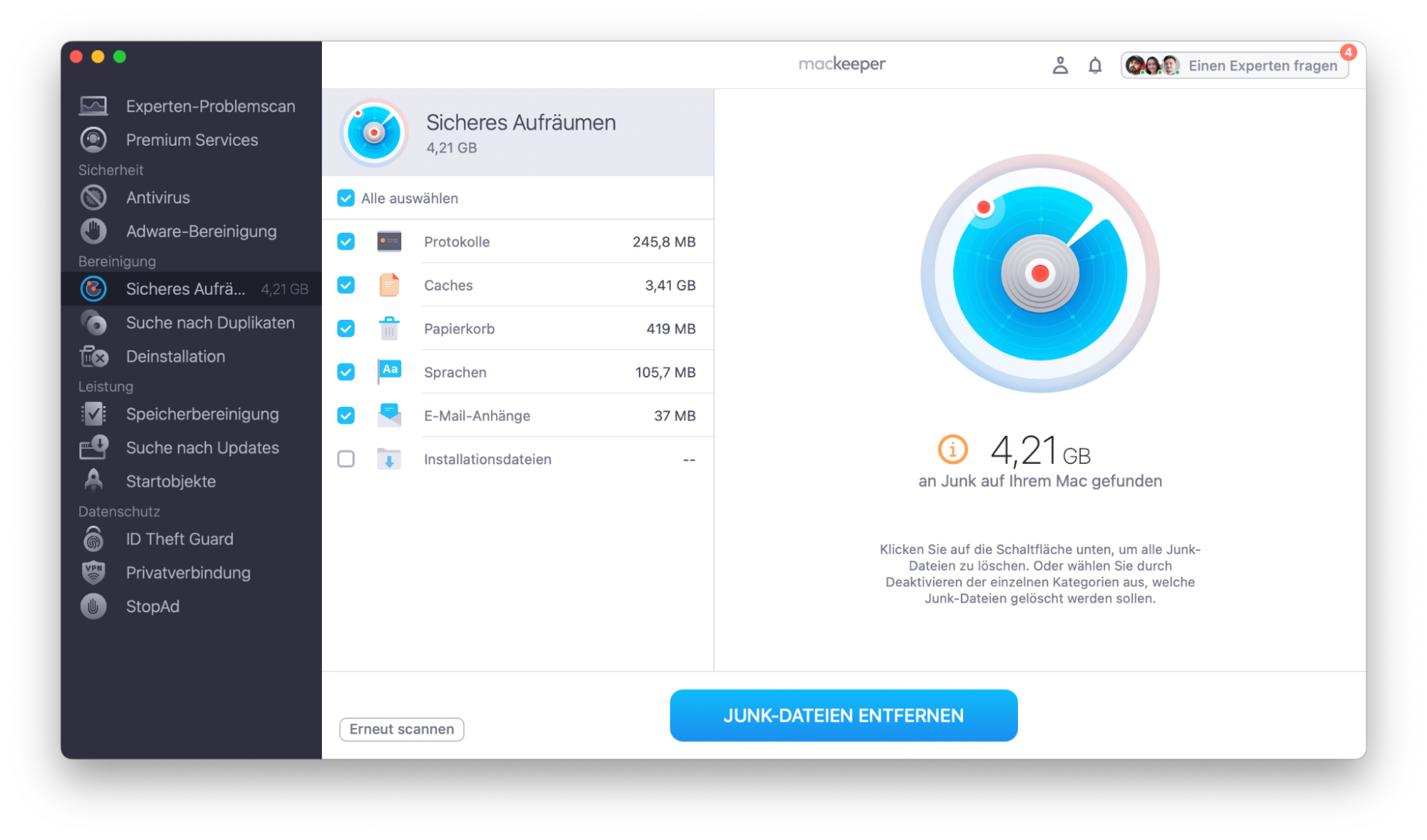 Das Tool Sicheres Aufräumen ist nur eine von vielen Funktionen von MacKeeper. Es bietet eine gründliche Bereinigung Ihres Geräts, indem es unerwünschte Protokolle, Cache-Dateien und anderen unnötigen Datenmüll entfernt, der den Speicherplatz auf Ihrem Macintosh-Gerät belegt.