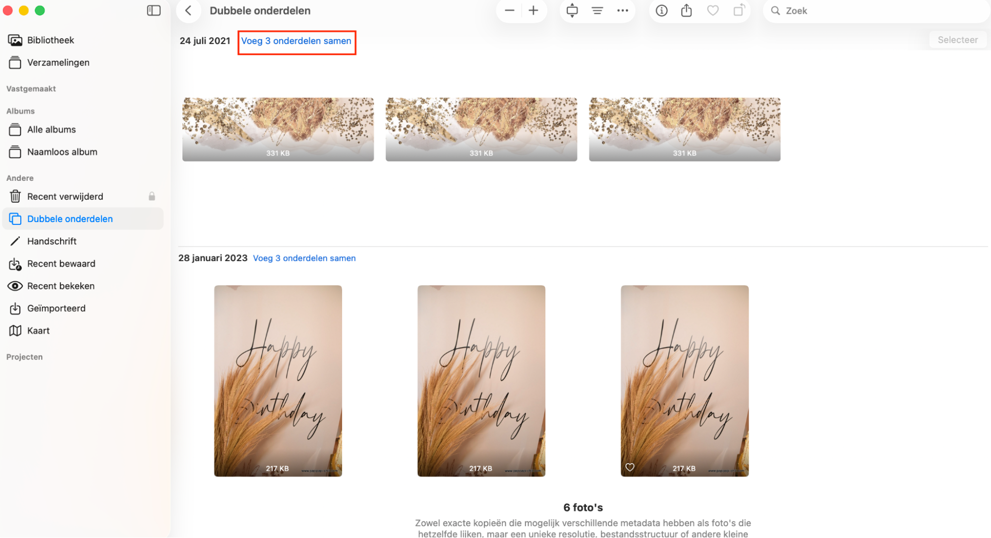Selecteer de foto’s, en de Foto’s-app kan ze samenvoegen tot één bestand. Klik eenvoudig op de knop  Voeg onderdelen samen om door te gaan.
