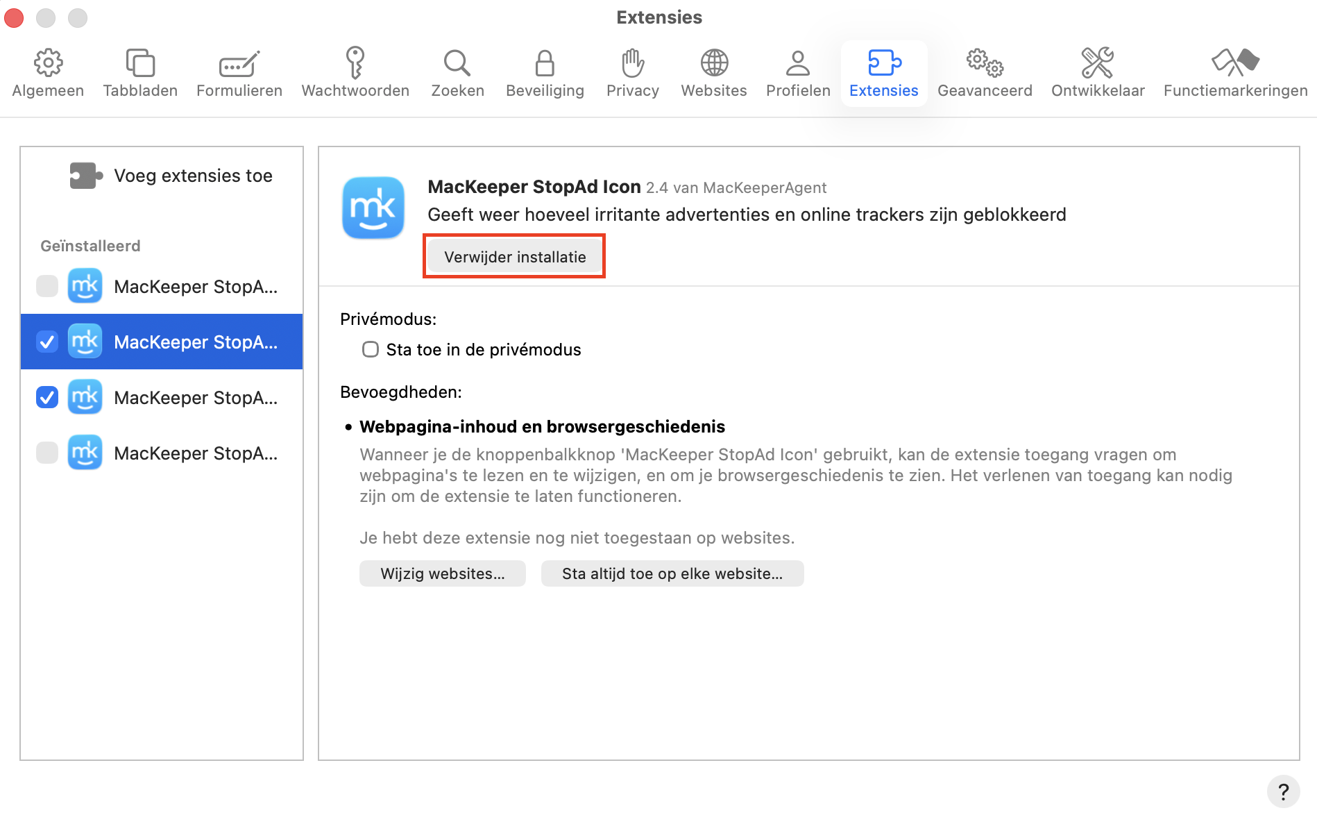 Vervolgens is het tijd om je Safari-extensies te controleren. Open het gedeelte Extensies in Safari-instellingen, bekijk de geïnstalleerde extensies en klik op Verwijderen bij de extensies die je wilt verwijderen.