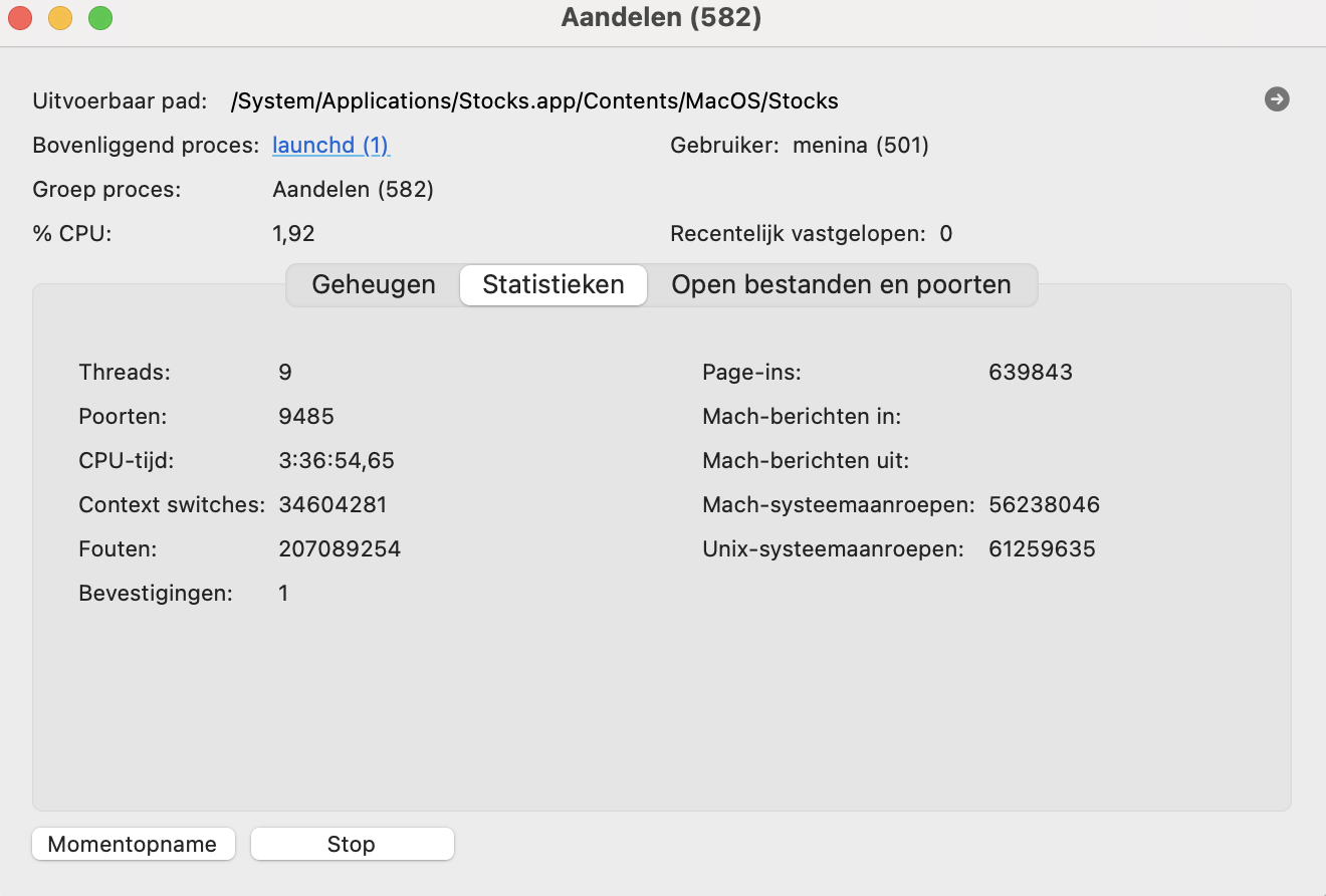 In Activiteitenweergave zijn statistieken geselecteerd voor een gedetailleerd overzicht van wat er op je Mac gebeurt.