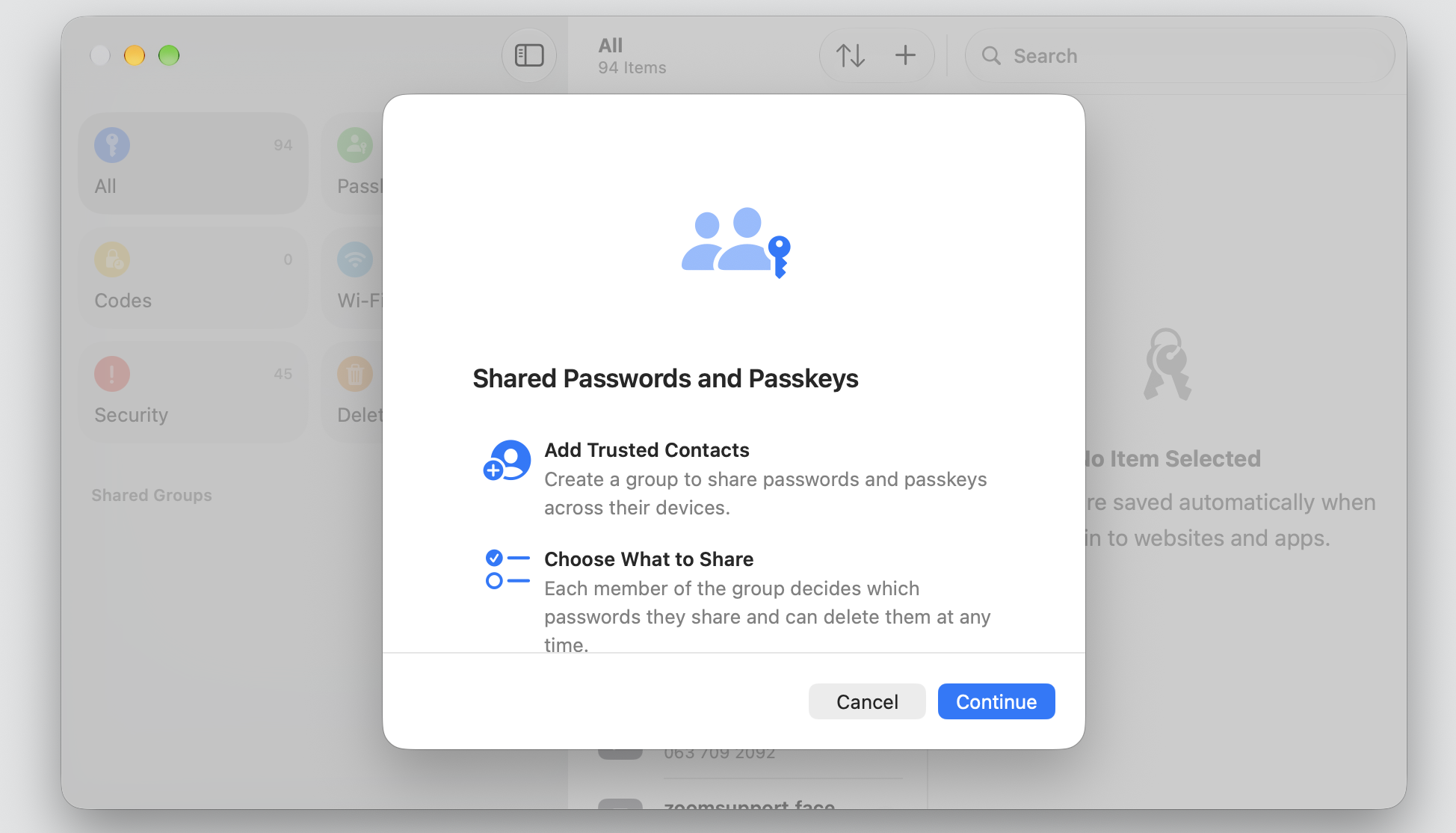 A New Shared Group setup window in the Passwords app on a Mac, pressing Continue to begin securely sharing iCloud Keychain passwords.