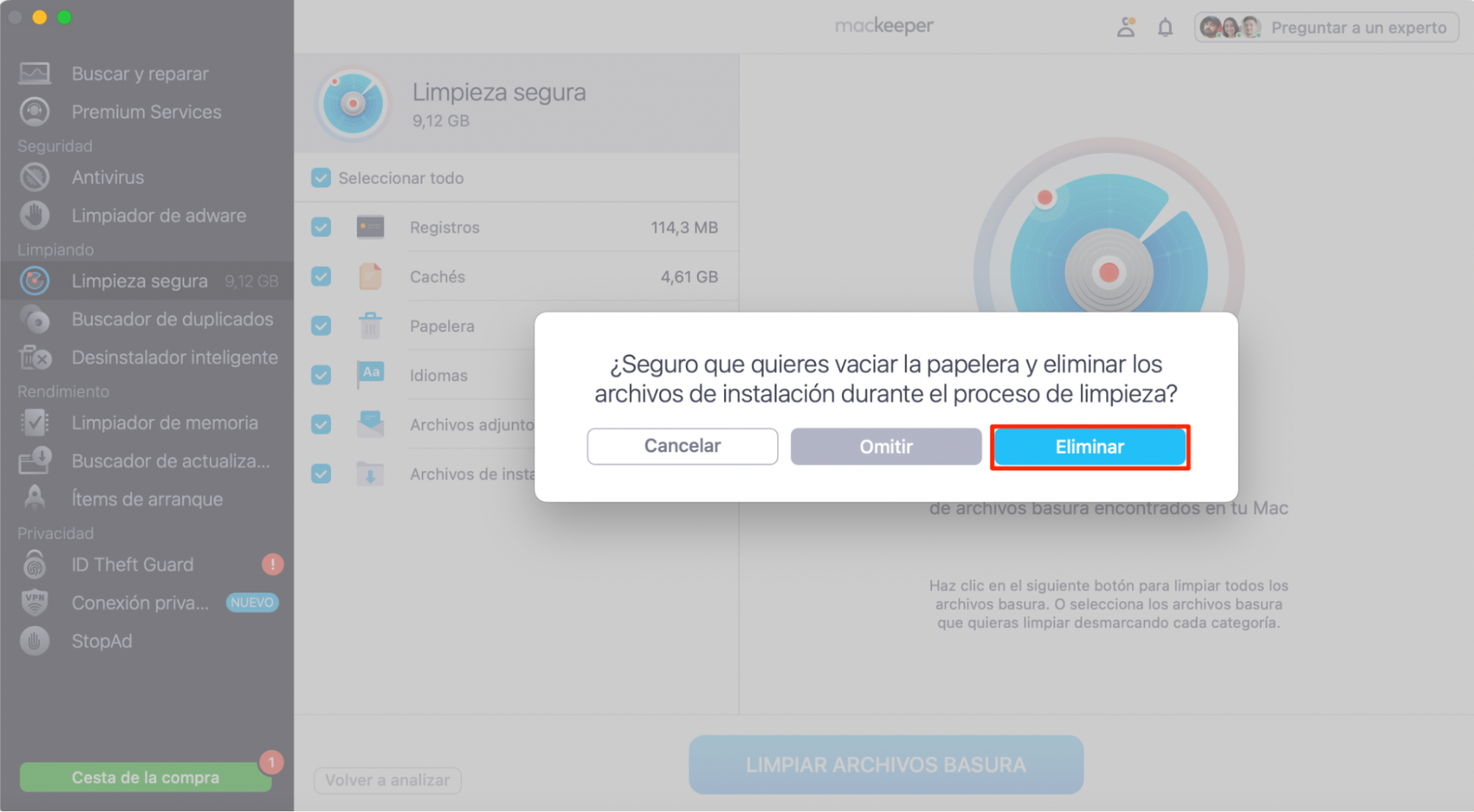 El último paso muestra una ventana intersticial confirmando vaciar la papelera para completar el proceso de borrar la caché de Safari en Mac.