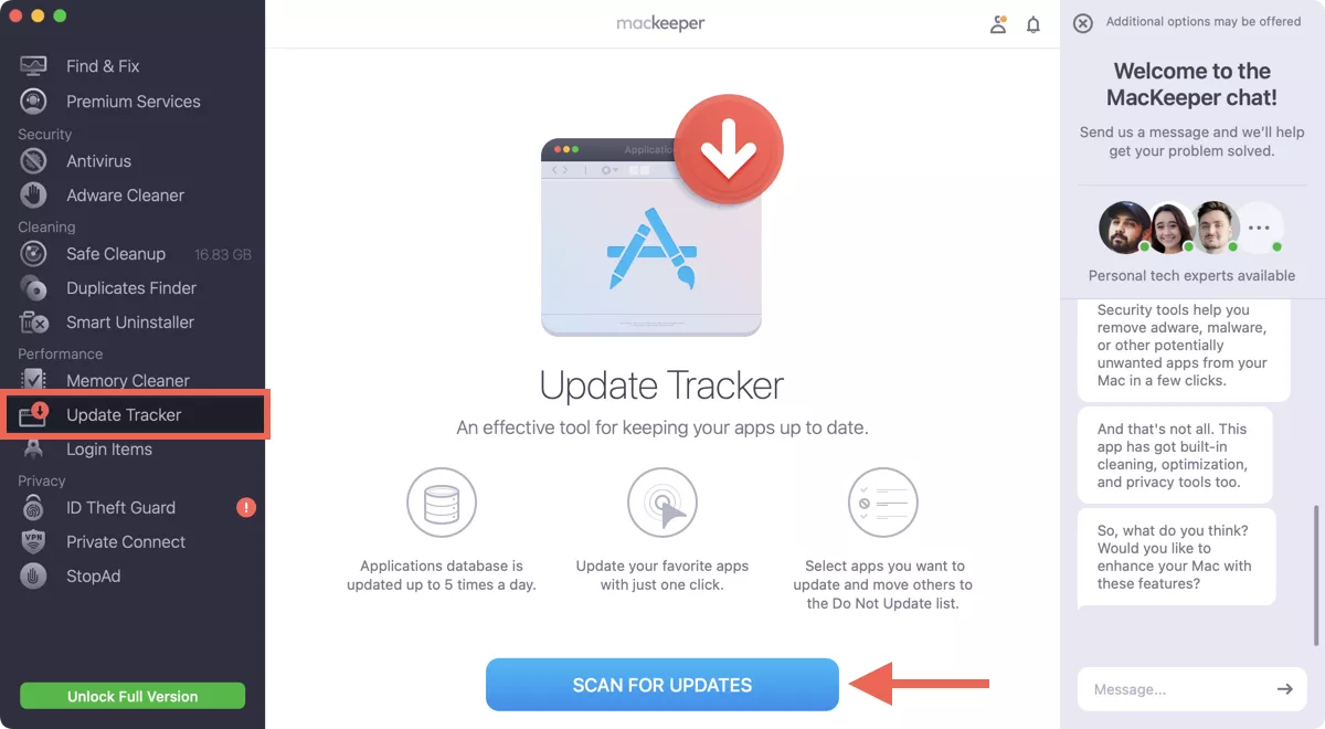 MacKeeper app open on a MacBook. The MacKeeper dashboard screenshot that demonstrates how to scan for app updates on a Mac with MacKeeper during WindowServer high memory usage troubleshooting.