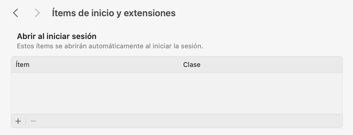 Si no puedes vaciar la papelera en Mac, es posible que tengas que cerrar programas y desactivar los elementos de inicio de sesión. Ve a Ajustes del Sistema > ítems de inicio de sesión y pulsa el icono menos.