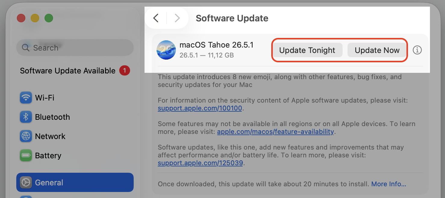 macOS Software Update window on a MacBook showing the Update Now button to install the newest macOS version or schedule it for later.