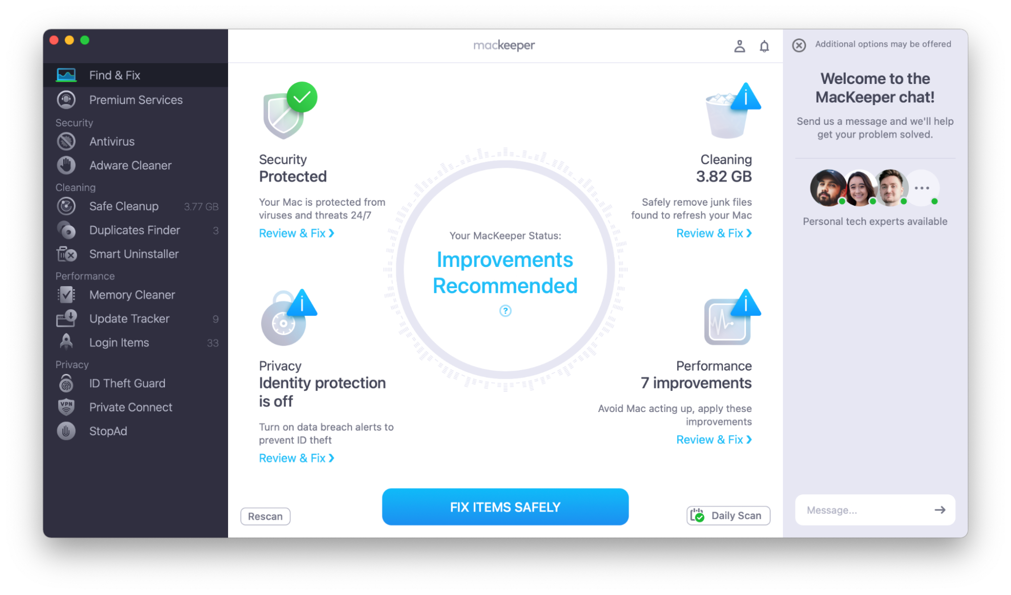 MacKeeper's Find & Fix screen, after a scan. The app shows all the issues that need to be prepared. Click Fix Items Safely to repair them.