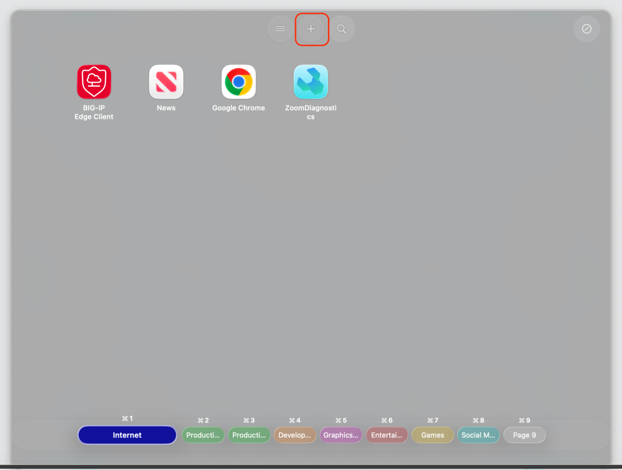 The AppGrid Launcher grid on macOS Tahoe with the Plus button highlighted at the top to add apps to your Launchpad layout on a Mac.