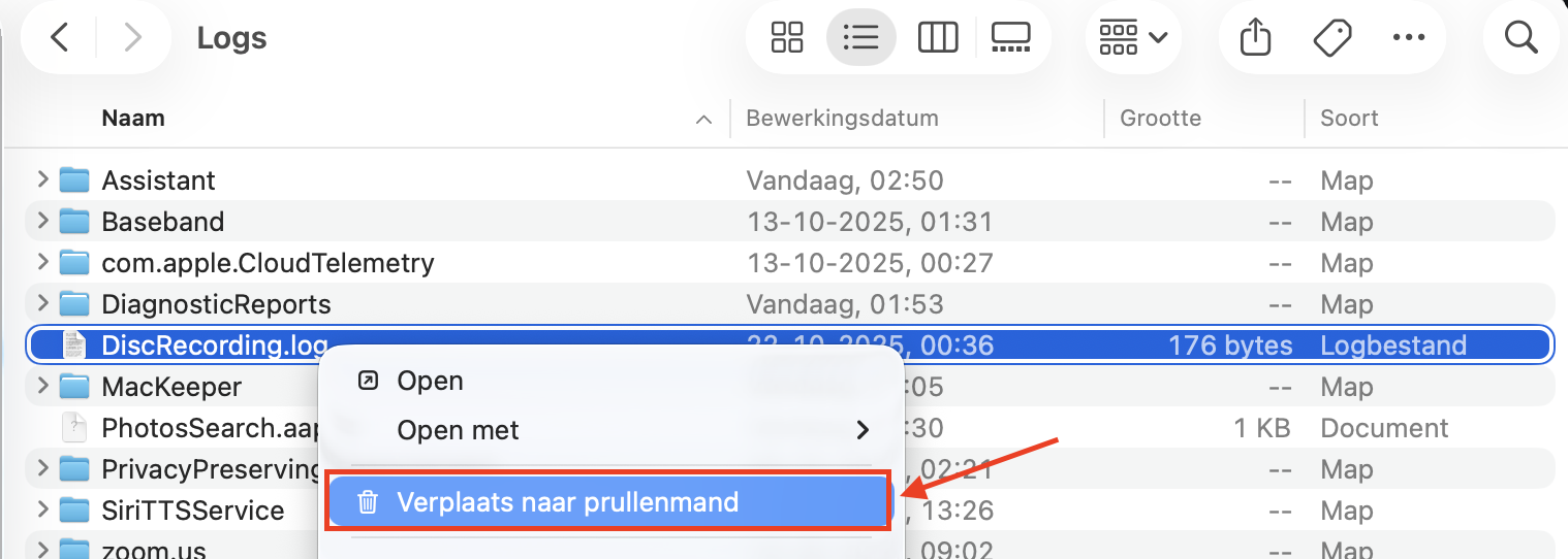 Bekijk alle containermappen en bestanden die eindigen op .log. Zodra je de bestanden hebt gevonden die je wilt verwijderen, klik je er met de rechtermuisknop op en kies je Verplaats naar prullenmand. Ga daarna in het Dock naar de prullenmand, klik er met de rechtermuisknop op en kies Leeg prullenmand.