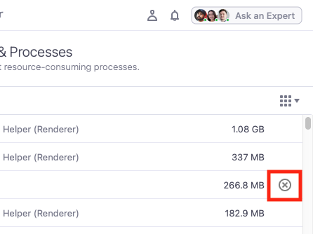 If you want to close an app or process list in the MacKeeper Memory Cleaner tool, simply hover it and click the 'X' icon that appears. If you want to close an app or process list in the MacKeeper Memory Cleaner tool, simply hover it and click the 'X' icon that appears.