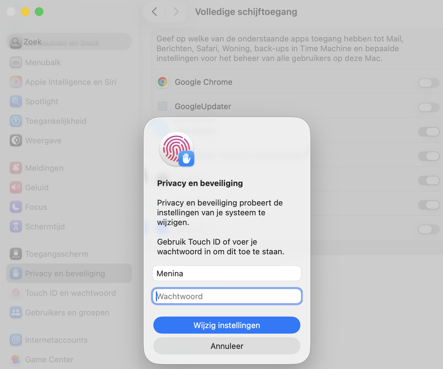 Als je wordt gevraagd je beheerderswachtwoord in te voeren, klik dan op de knop ‘Wijzig instellingen’ of druk op de Return-toets op je toetsenbord.