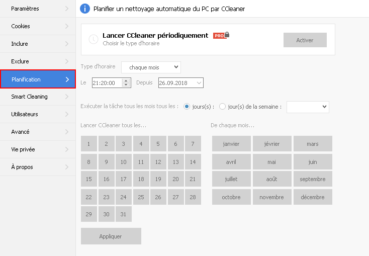 Programmez un nettoyage avec CCleaner pour maintenir votre Mac en parfait état 24 heures sur 24. Vous pouvez choisir une planification quotidienne, mensuelle ou hebdomadaire. Cette fonctionnalité ne fonctionne que sous Windows.