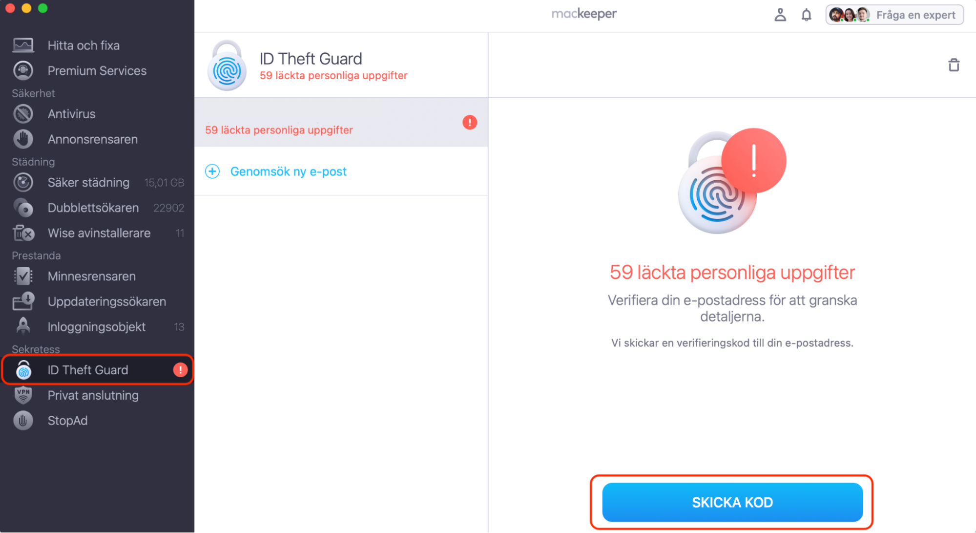 MacKeeper på Mac visar ID Theft Guard. För att kontrollera om din e-post har komprometterats, klicka på knappen Skicka kod för att börja.