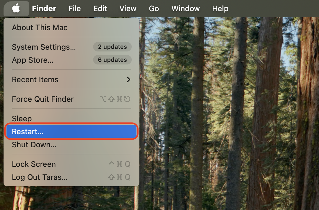 To restart your Mac, click the Apple logo and click Restart.