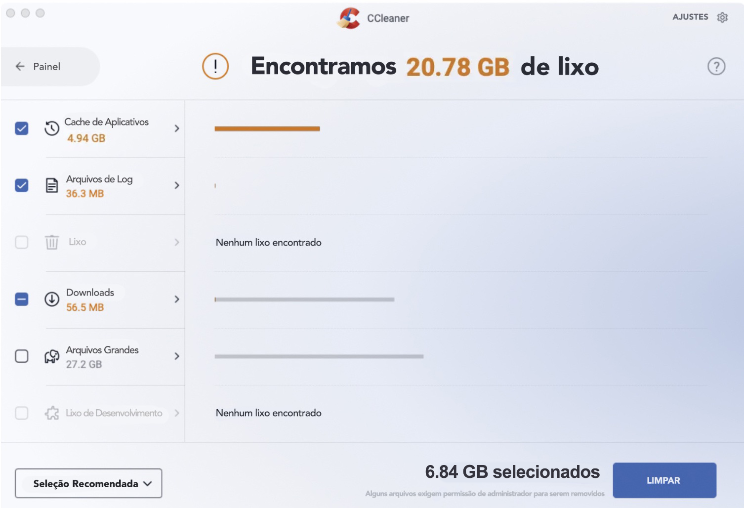 A verificação de limpeza foi concluída no CCleaner, exibindo o total de itens desnecessários encontrados. Os resultados também mostram como esses arquivos estão distribuídos entre as diferentes categorias.