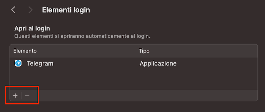 Il menu Elementi login nelle Impostazioni di sistema su Mac. Oltre a mostrare l’elenco delle app di avvio, questa schermata ti consente di rimuovere qualsiasi app che si apre automaticamente sul Mac.