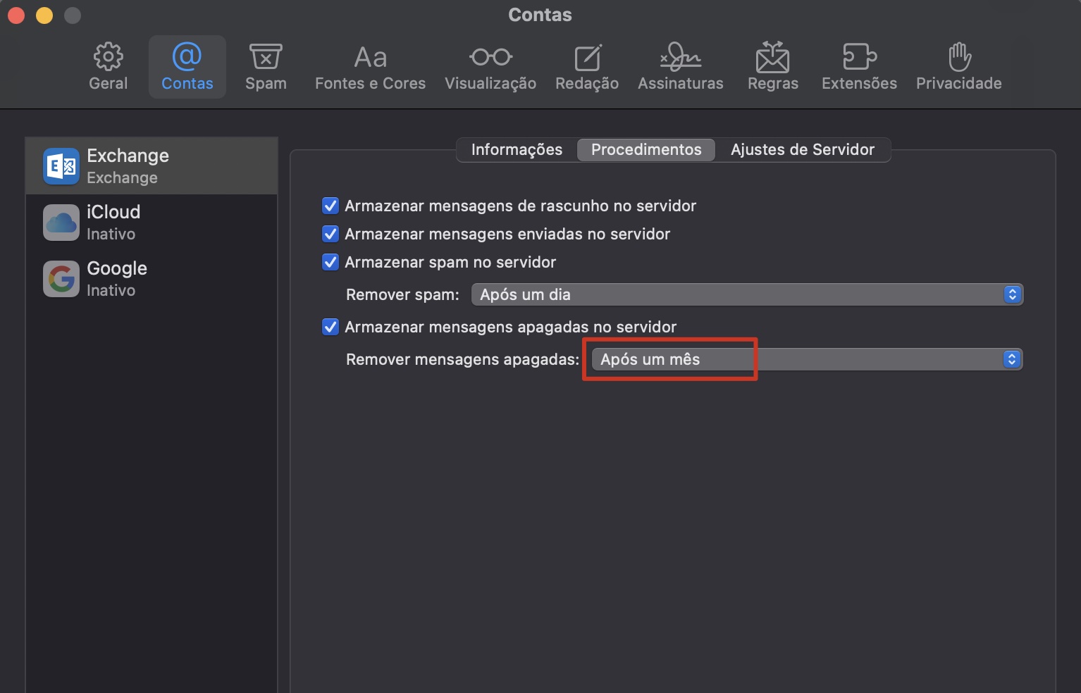 Selecione a opção Após um mês no menu suspenso das configurações de Contas para remover as mensagens de lixo eletrônico.
