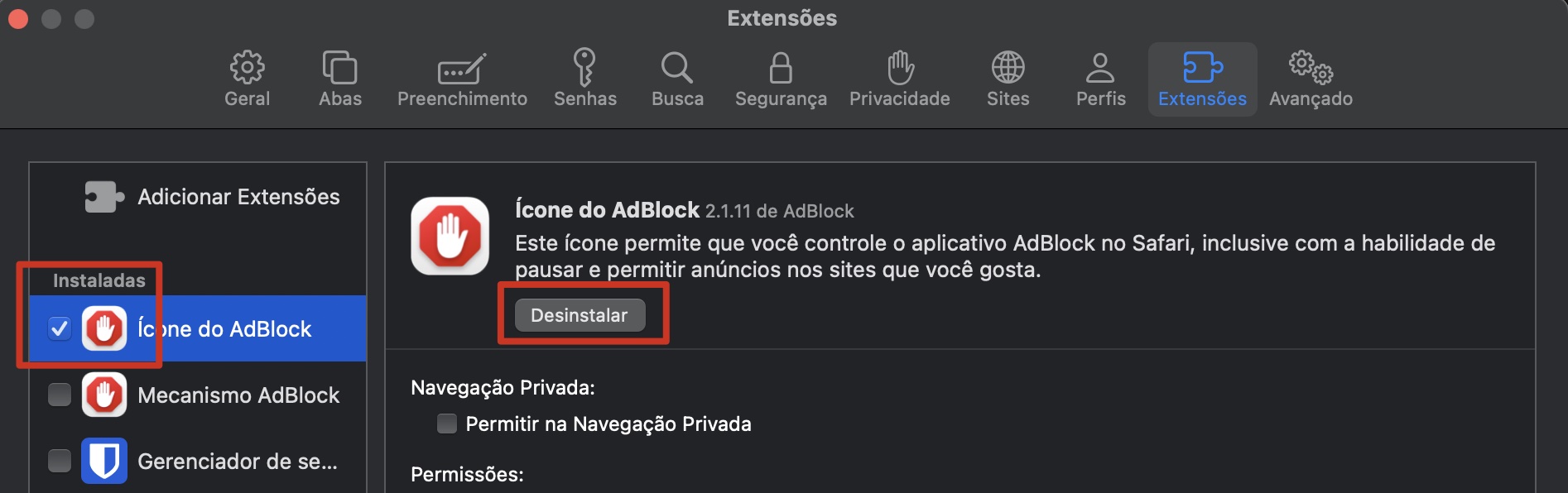 Para remover extensões do navegador e reduzir o acúmulo de arquivos na categoria Outros, vá até as configurações do seu navegador e procure por extensões. Marque as que deseja remover e clique no botão Desinstalar.