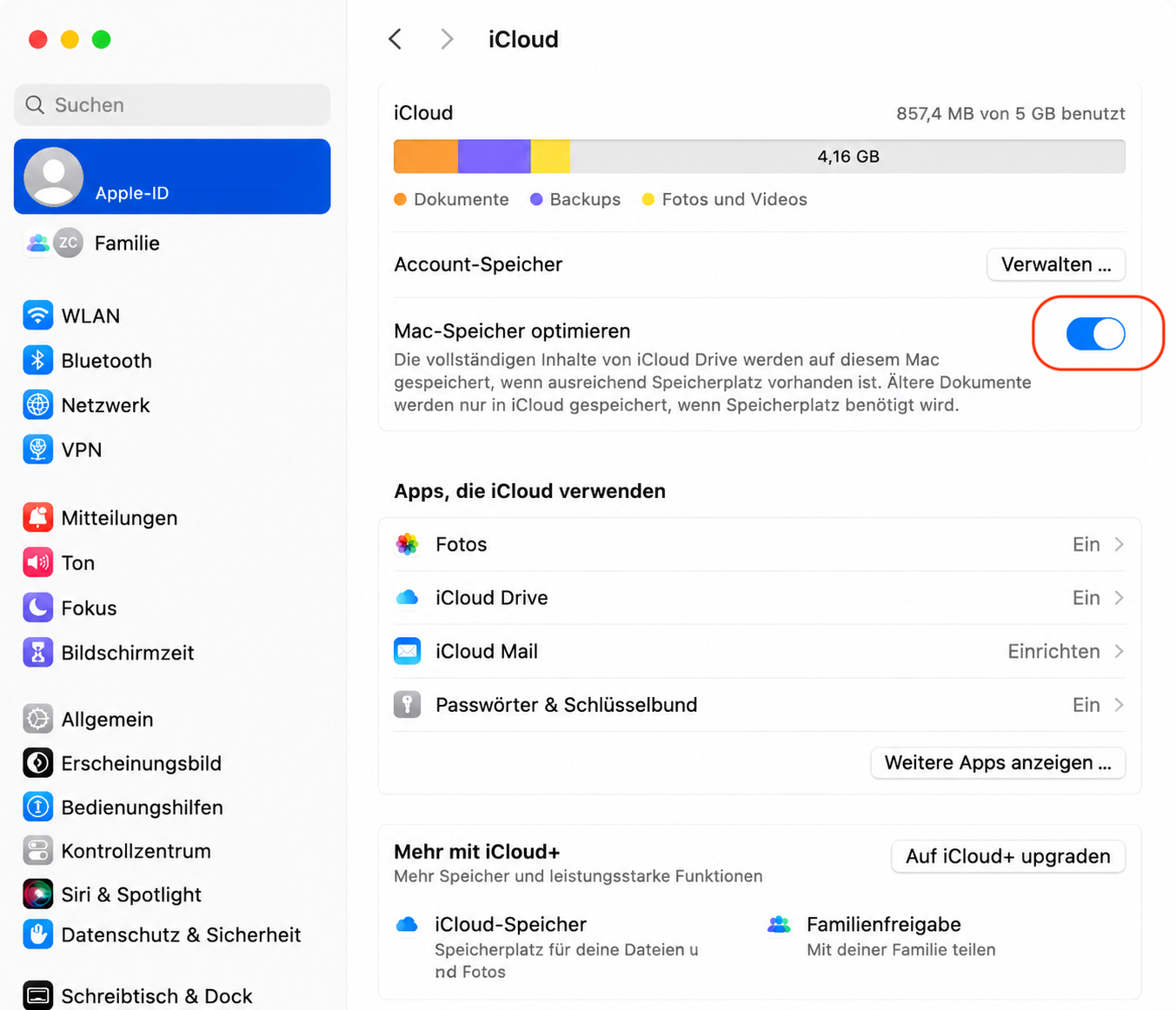 Wenn iCloud Drive so viel lokalen Speicher auf Ihrem Mac belegt, aktivieren Sie „Mac-Speicher optimieren“, indem Sie den Schieberegler umschalten.