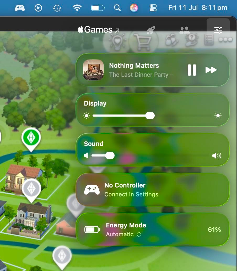 Press Command + Esc while your game is in full screen, or click the game icon in the menu bar, to open Game Overlay in macOS Tahoe.