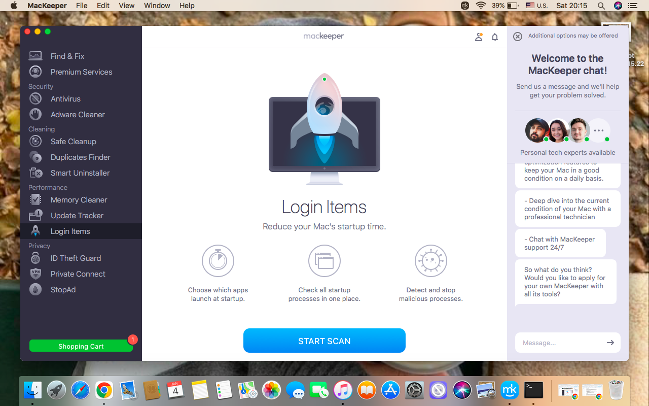 In MacKeeper’s menu, find the Login Items feature, and click the Start Scan button to find unnecessary startup processes that clutter your system.