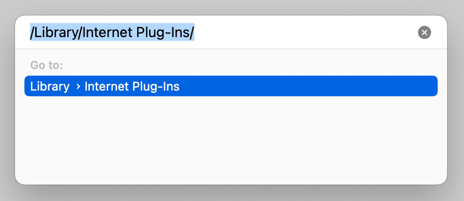 To remove the Microsoft Silverlight plugin on a Mac via Finder, type the following file path: /Library/Internet Plug-ins/, then press Enter.