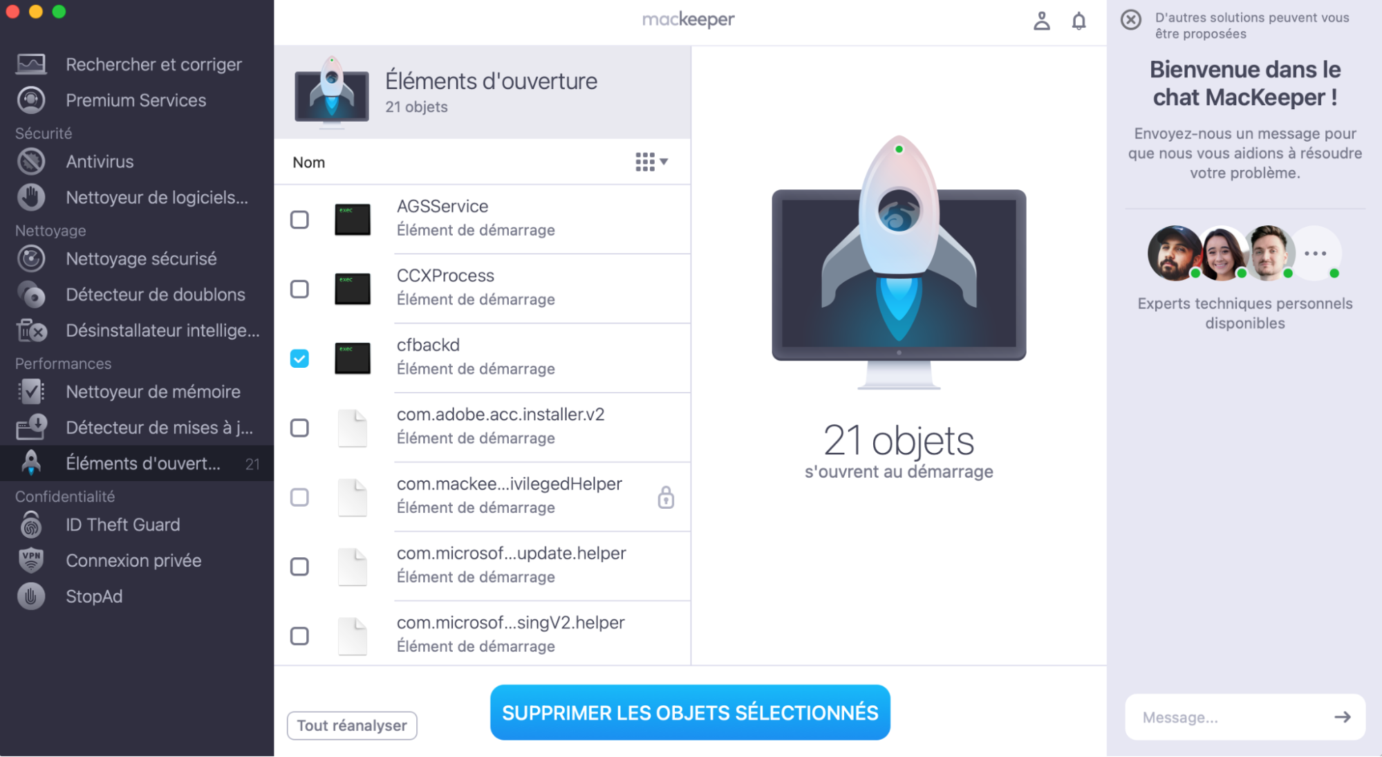 Une fois l’analyse de votre Mac terminée, MacKeeper vous présentera une liste des éléments d’ouverture activés sur votre appareil. Vous pouvez cocher les applications dont vous voulez empêcher le fonctionnement au démarrage et cliquer sur Supprimer les objets sélectionnés.