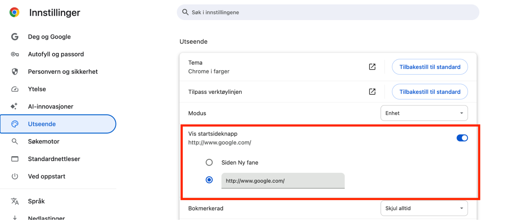 I Chrome-innstillingene dine velger du Utseende fra menyen til venstre. Under Vis startside-knap» sørger du for at ønsket startside er skrevet inn i boksen.