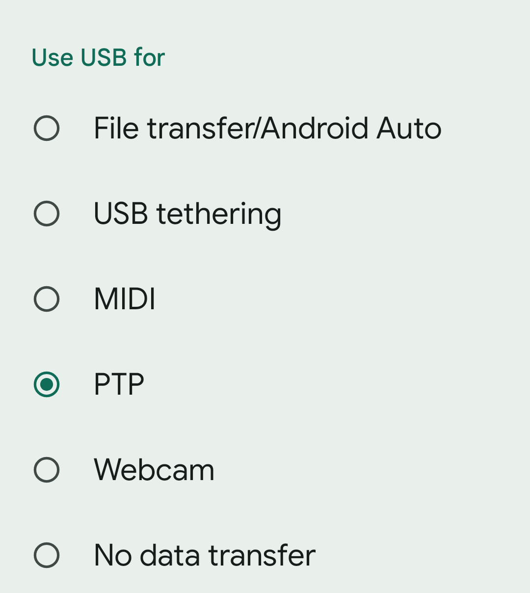 macOS doesn't support the Media Transfer Protocol (MTP) used by Android. Instead, select Photo Transfer Protocol (PTP), if your phone gives you the option.