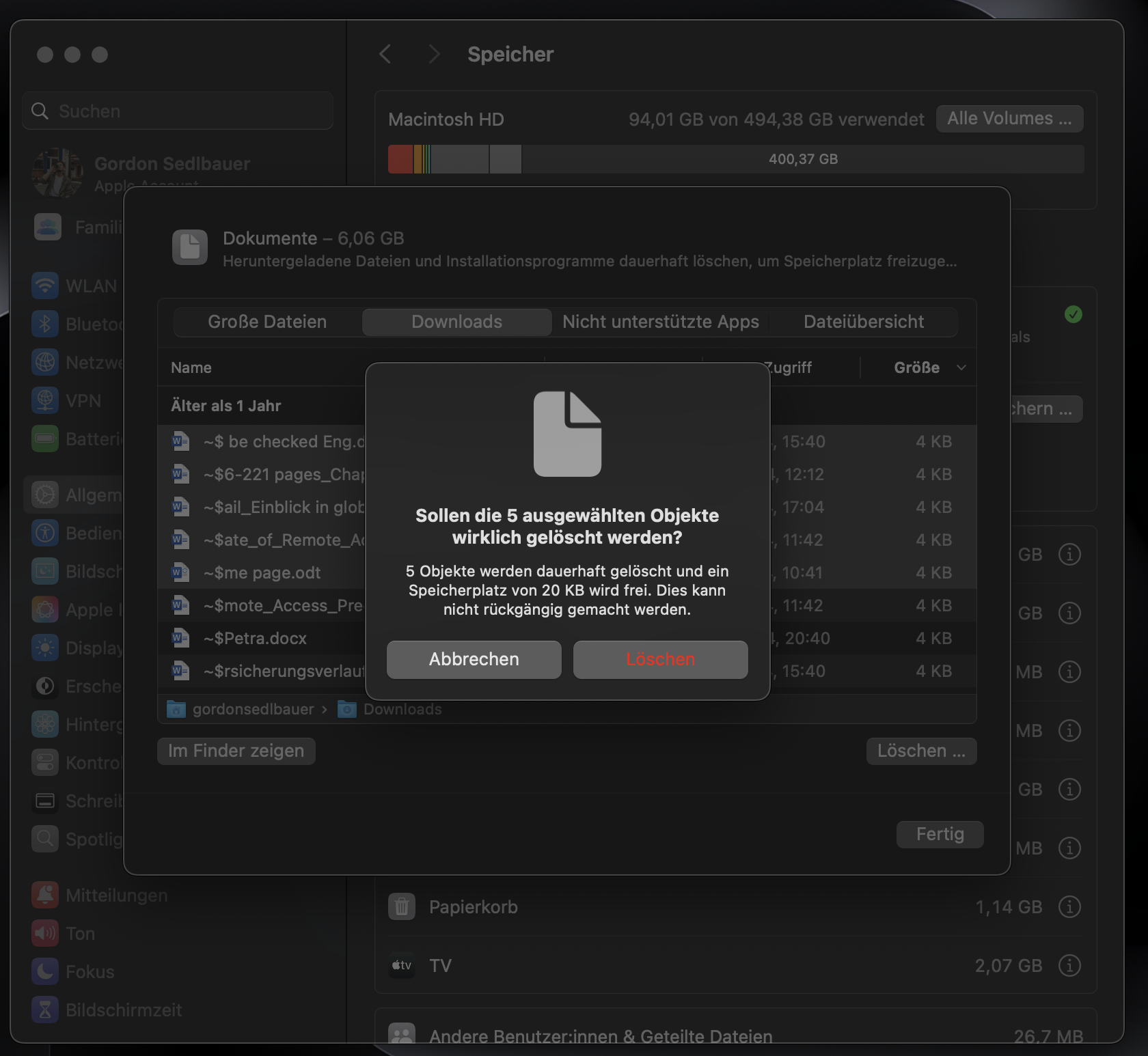 Bestätigen Sie, dass die Dateien von Ihrem Mac entfernt werden sollen, indem Sie im Dropdown-Fenster auf die Schaltfläche Löschen klicken.