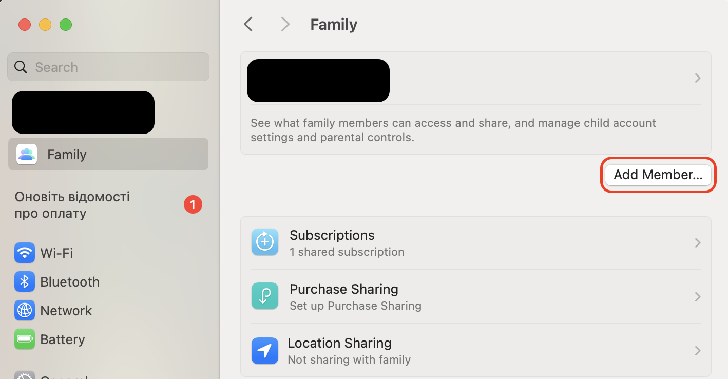 Open Family in System Settings, remove the affected member, then use Add Member to invite them again and have them accept the invitation to rejoin.