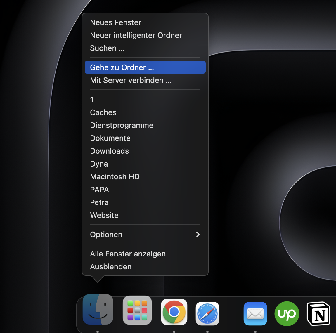 Die Option Gehe zu Ordner ist im Popup-Menü des Finders im Dock blau umrandet.