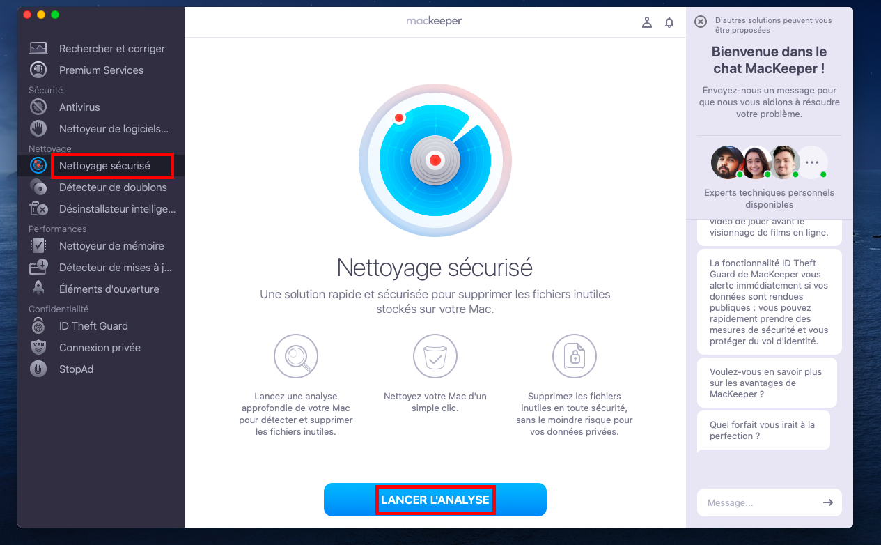L'outil Nettoyage sécurisé de MacKeeper s'affiche sur un Mac. Peu importe votre choix concernant macOS 15, supprimer les fichiers indésirables optimise la performance de votre appareil. L'outil Nettoyage sécurisé de MacKeeper s'affiche sur un Mac. Peu importe votre choix concernant macOS 15, supprimer les fichiers indésirables optimise la performance de votre appareil.
