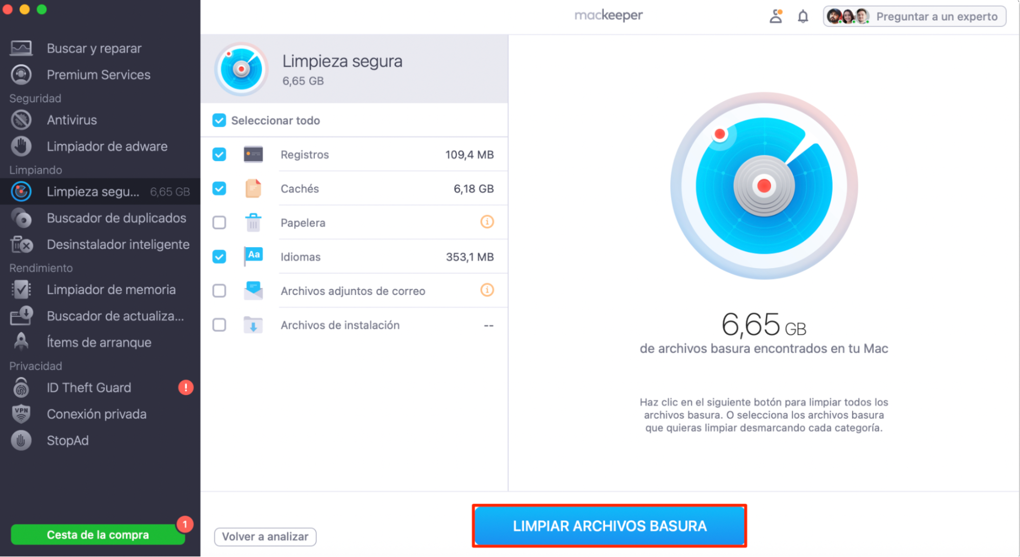 Para liberar espacio en tu Mac, limpia los archivos innecesarios con Limpieza Segura de MacKeeper. Esto puede ayudar con el problema de que iCloud Drive ocupa espacio en tu Mac.