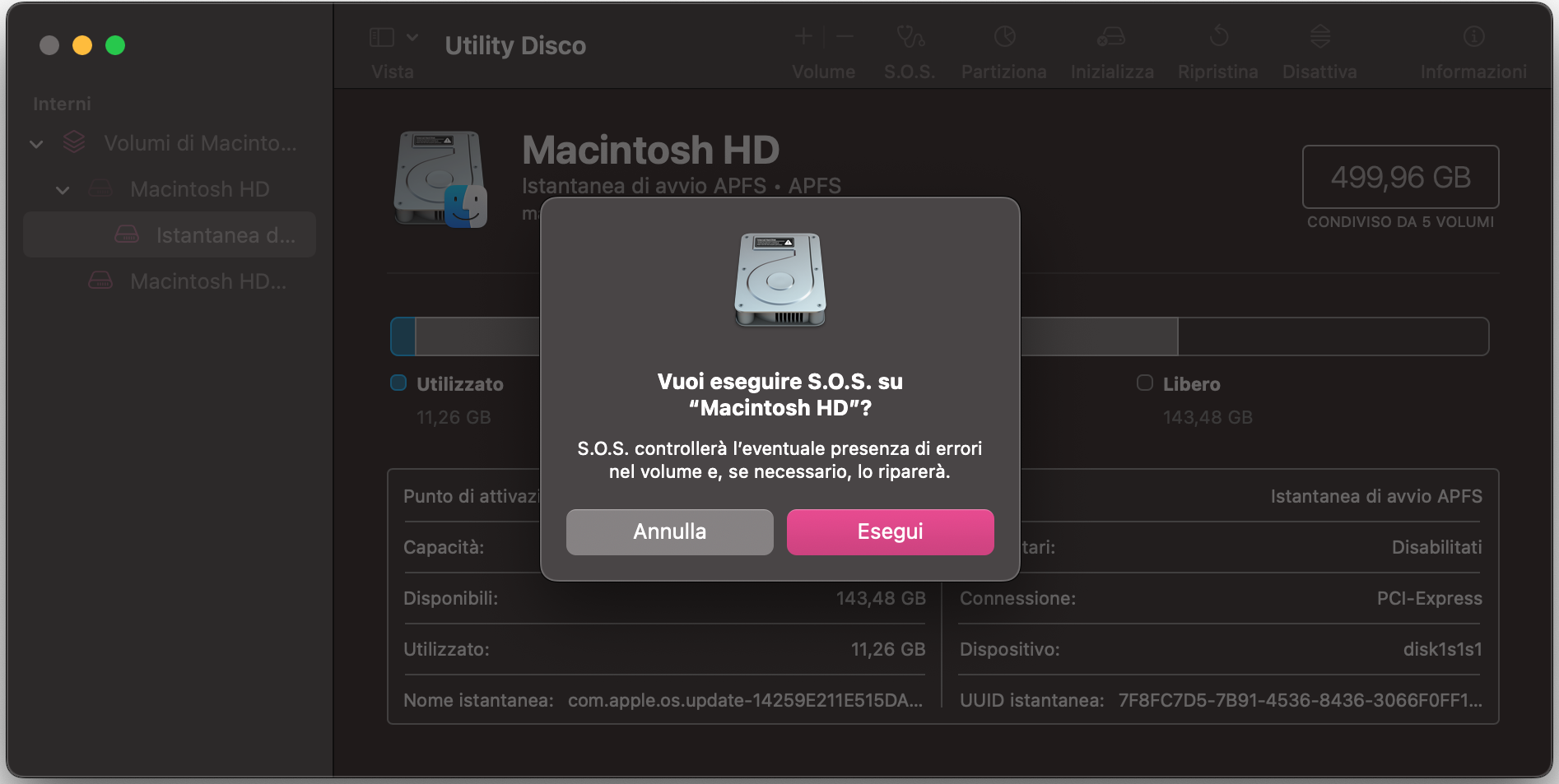 La finestra di dialogo SOS chiede all’utente se vuole eseguire il controllo su questo Mac. Fai clic su Esegui.