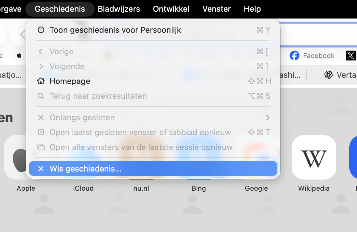 Het menu ‘Geschiedenis’ in Safari op de Mac. Klik op ‘Wis geschiedenis’ om alle geschiedenis en websitedata uit Safari te verwijderen.