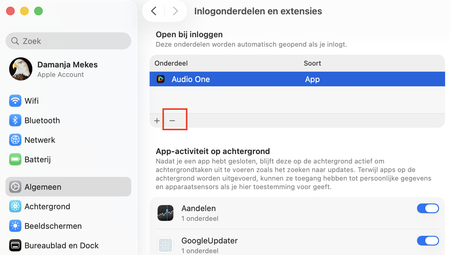 Om een login-item te verwijderen, selecteer je het in de lijst en klik je op de min-knop. Het proces wordt dan niet meer geladen bij het opstarten