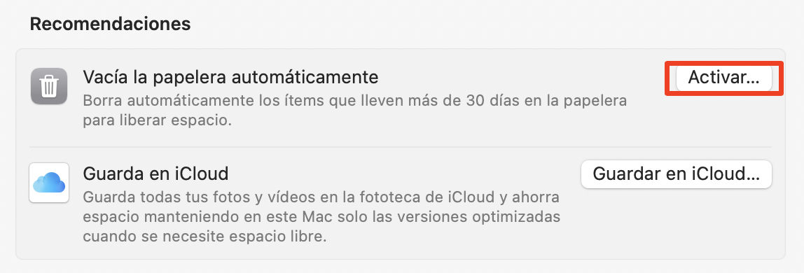 Para vaciar automáticamente la papelera de tu Mac, ve a Recomendaciones y haz clic en Activar junto a Vaciar papelera automáticamente.
