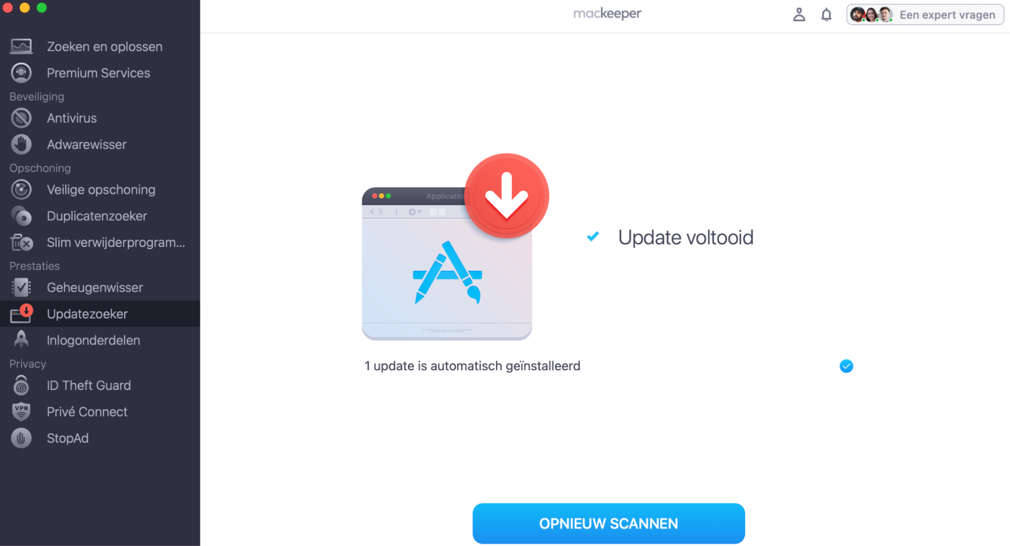 De update is voltooid. Als je je verouderde apps opnieuw wilt controleren, klik dan op Opnieuw scannen.