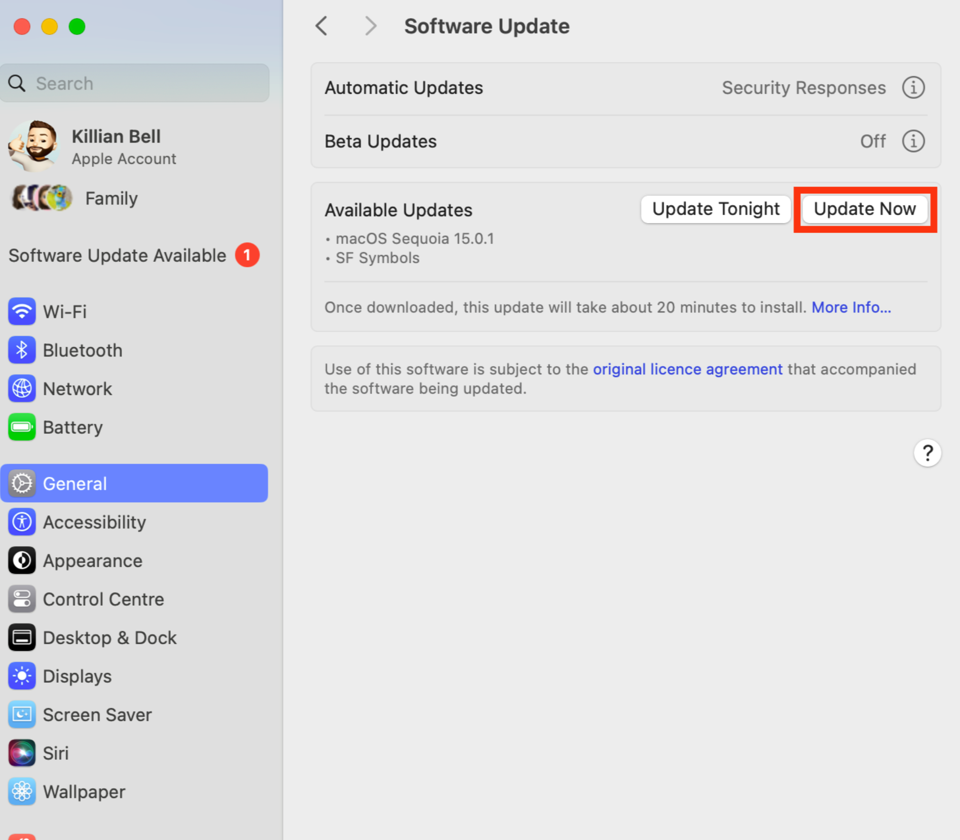 The Software Update menu in System Settings on Mac. Try installing the newest version of macOS when you run into issues with corespotlightd eating up too much CPU and memory.