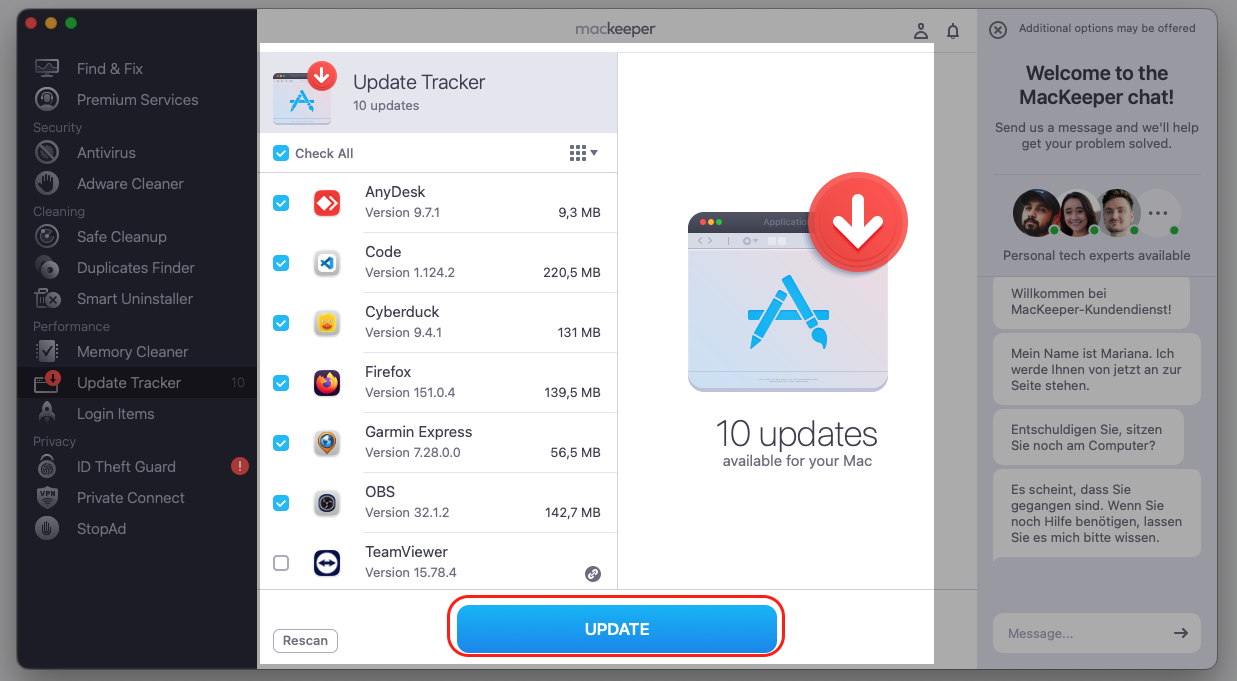 In the MacKeeper app, see the Update Tracker scan results and click on the Update button after selecting the app(s) to update.