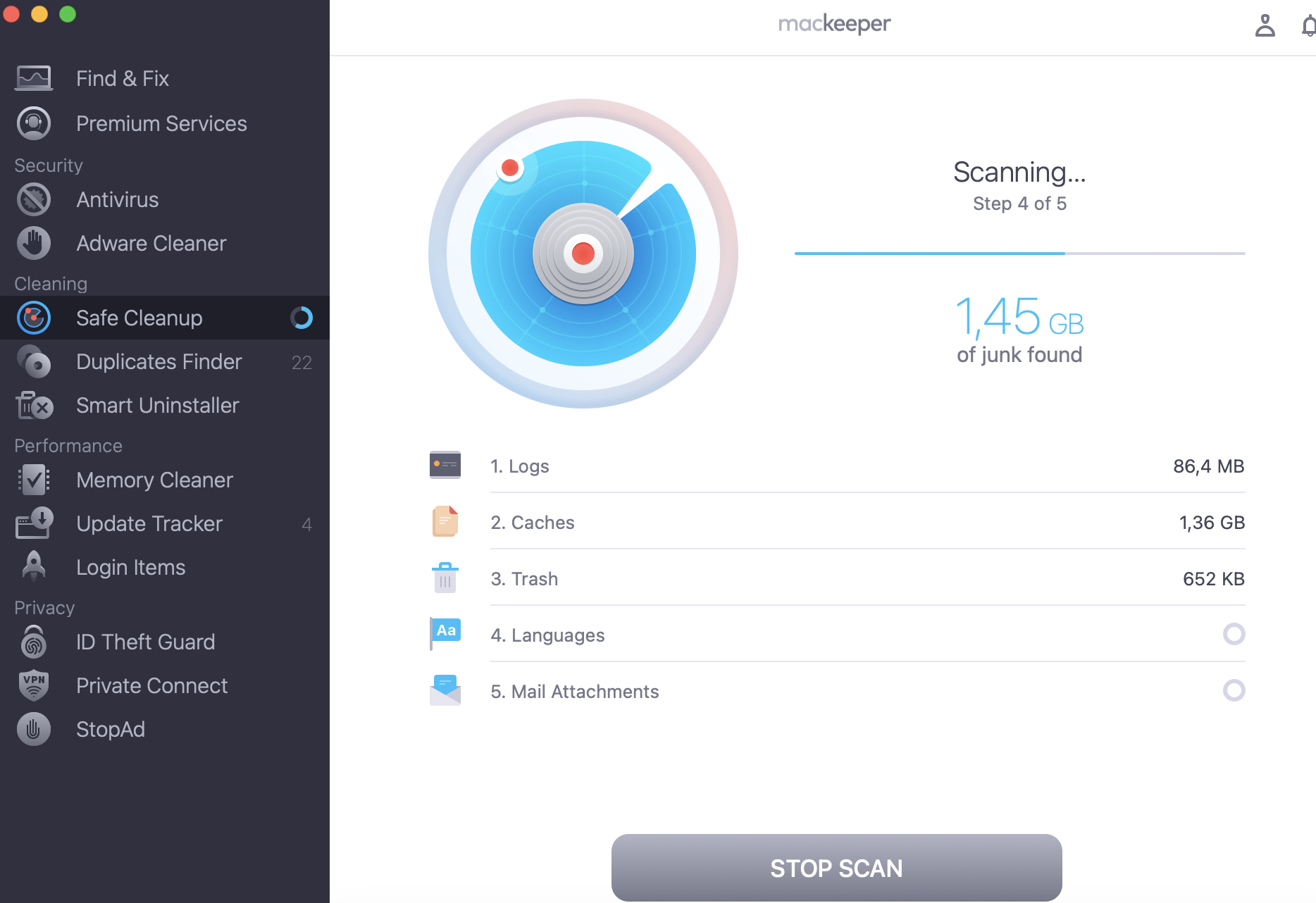 Open the MacKeeper app on your Mac, select Safe Cleanup from the left sidebar, then click Start Scan to detect the junk files taking up your storage.